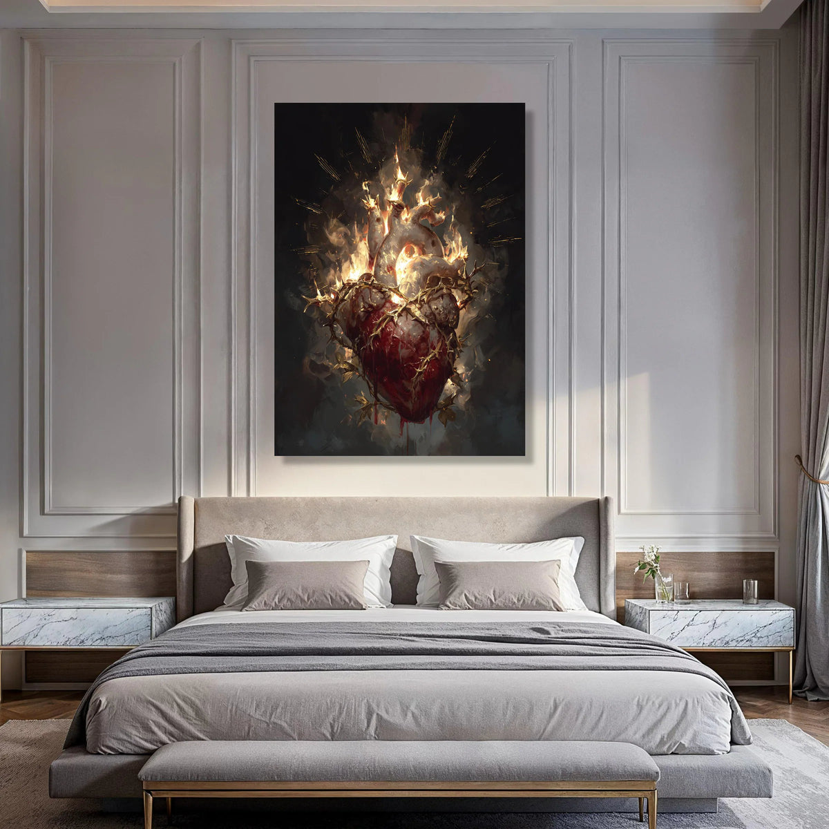 Fiery Anatomical Heart Canvas, Thorns and Flames Wall Art, Dark Gothic Home Decoration, Dramatic Heart Illustration Canvas Print Art