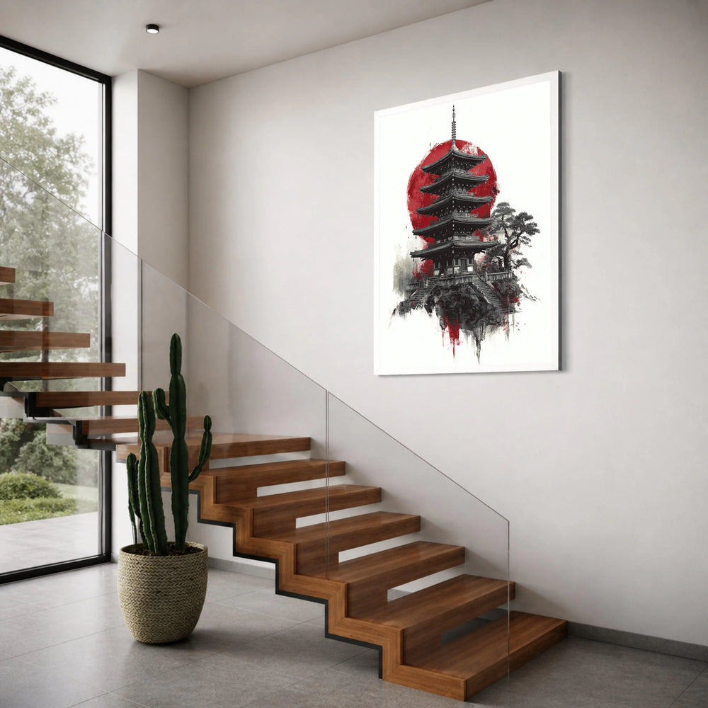 Traditional Japanese Pagoda Canvas, Red Sun Wall Art, Asian Architecture Design, Zen Home Decoration, Oriental Canvas Print Print Art