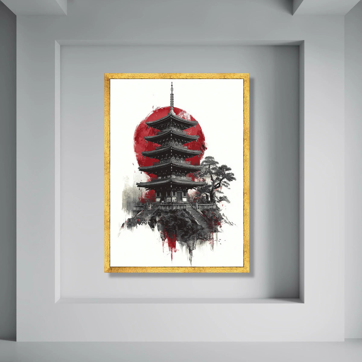 Traditional Japanese Pagoda Canvas, Red Sun Wall Art, Asian Architecture Design, Zen Home Decoration, Oriental Canvas Print Print Art