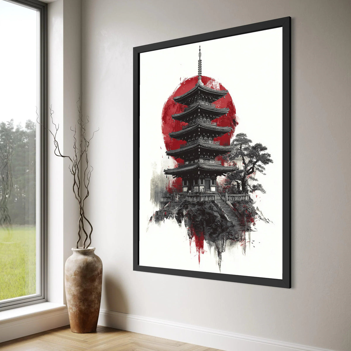 Traditional Japanese Pagoda Canvas, Red Sun Wall Art, Asian Architecture Design, Zen Home Decoration, Oriental Canvas Print Print Art
