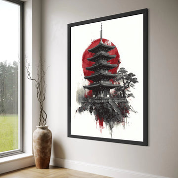 Traditional Japanese Pagoda Canvas, Red Sun Wall Art, Asian Architecture Design, Zen Home Decoration, Oriental Canvas Print Print Art