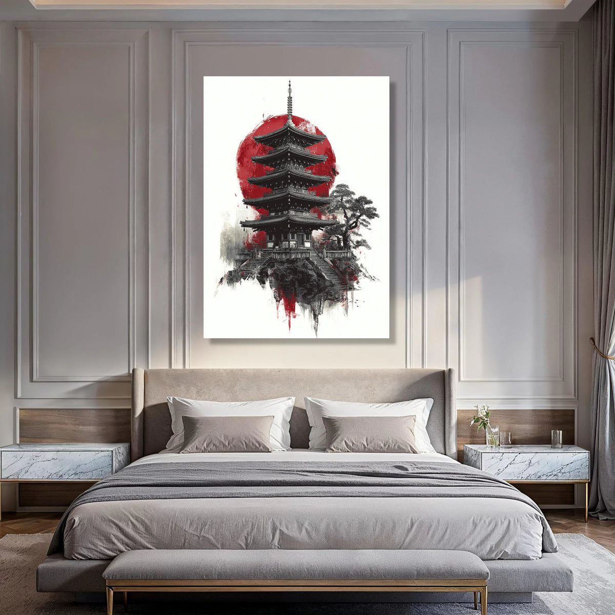 Traditional Japanese Pagoda Canvas, Red Sun Wall Art, Asian Architecture Design, Zen Home Decoration, Oriental Canvas Print Print Art