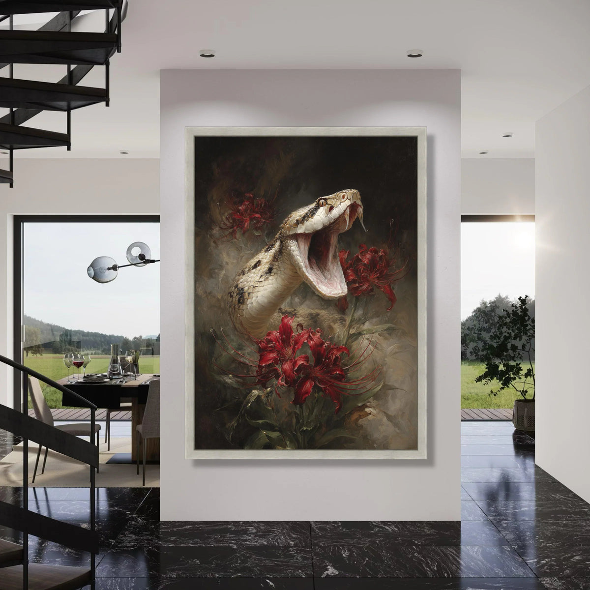 Fierce Snake and Red Hibiscus Flowers Canvas, Wildlife Nature Wall Art, Dramatic Animal and Floral Canvas, Home Decorative Print Art