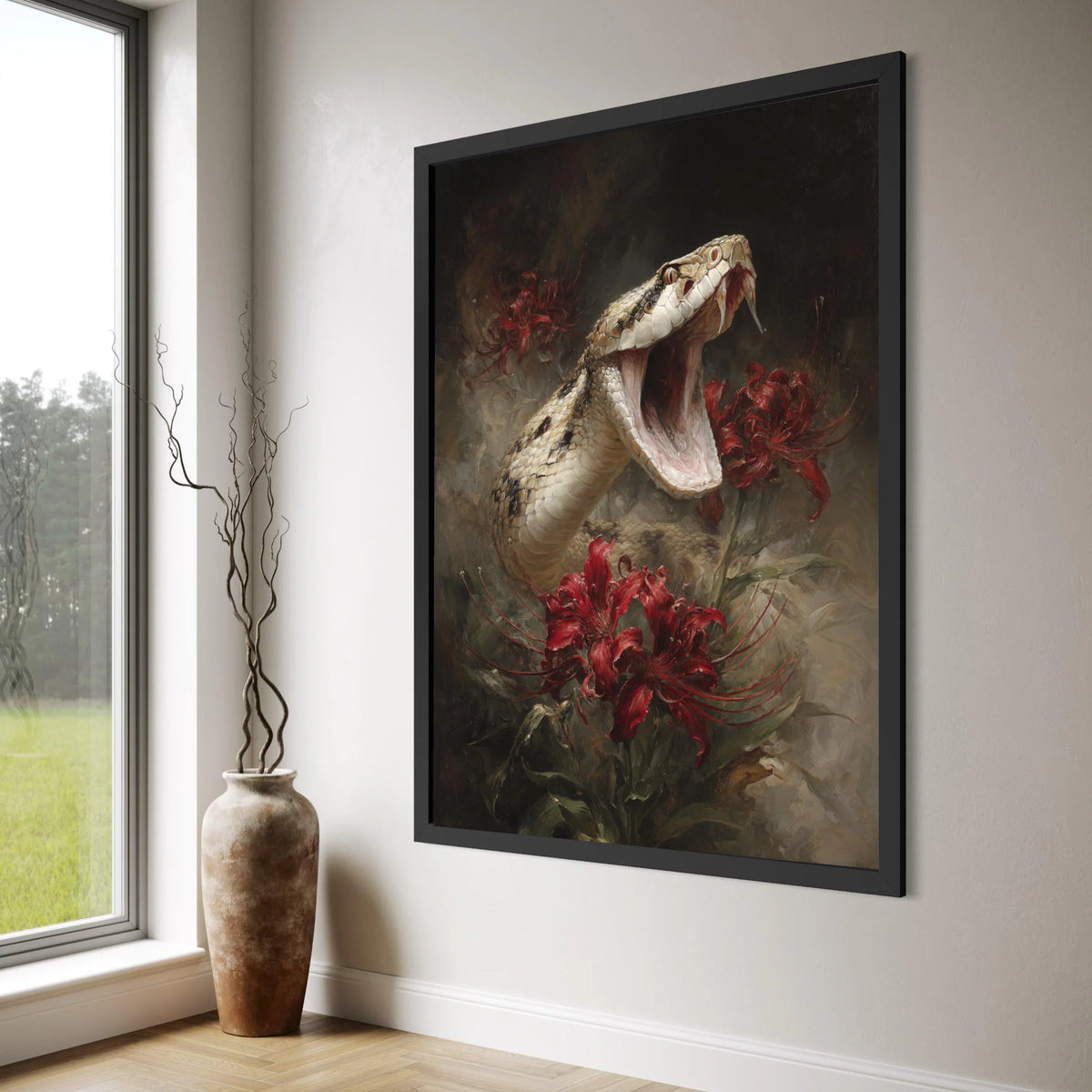 Fierce Snake and Red Hibiscus Flowers Canvas, Wildlife Nature Wall Art, Dramatic Animal and Floral Canvas, Home Decorative Print Art