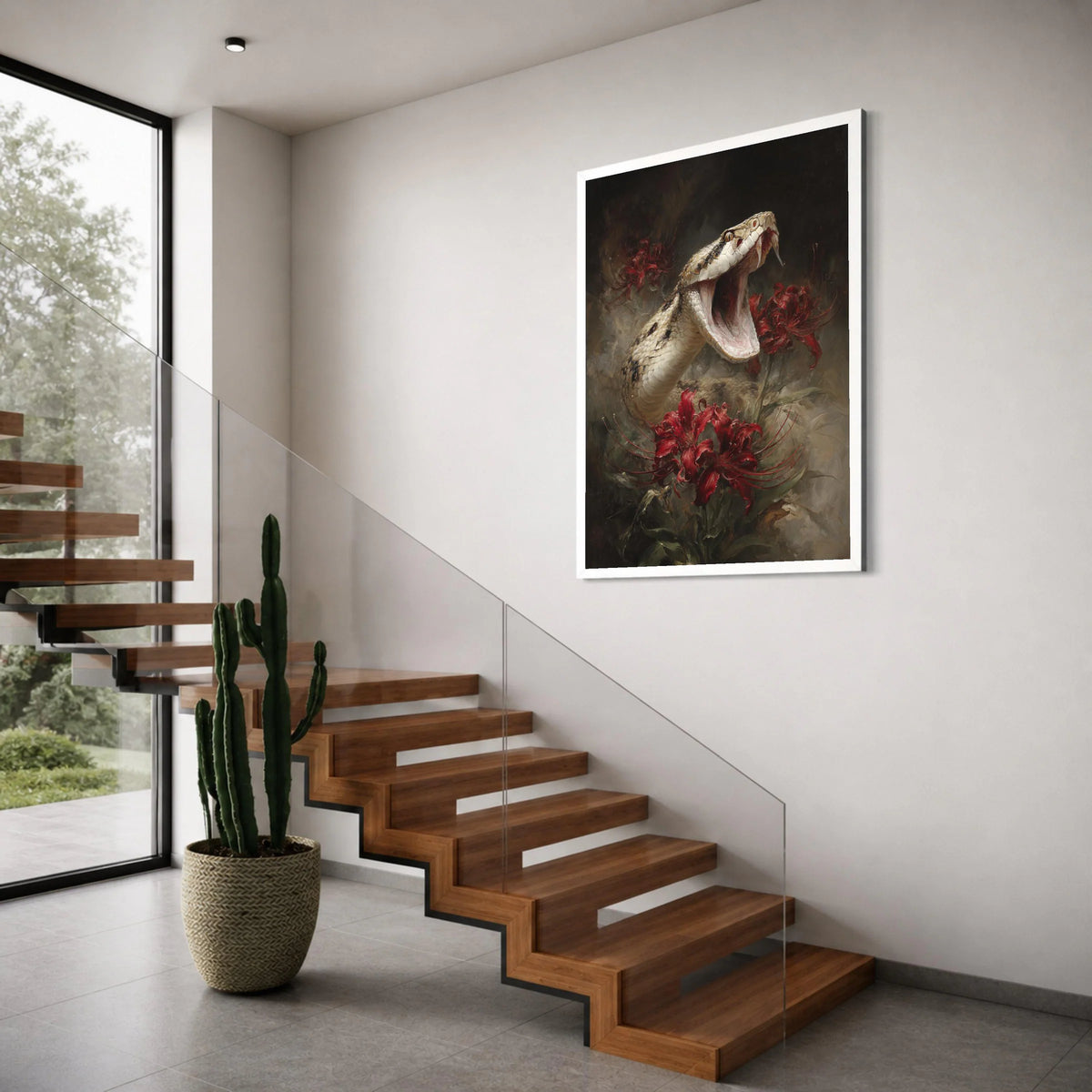Fierce Snake and Red Hibiscus Flowers Canvas, Wildlife Nature Wall Art, Dramatic Animal and Floral Canvas, Home Decorative Print Art