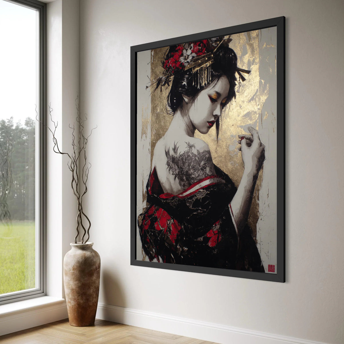 Elegant Geisha Woman Canvas, Japanese Art Print, Floral Tattoo Design, Gold Background Wall Art, Oriental Home Decoration Print Art
