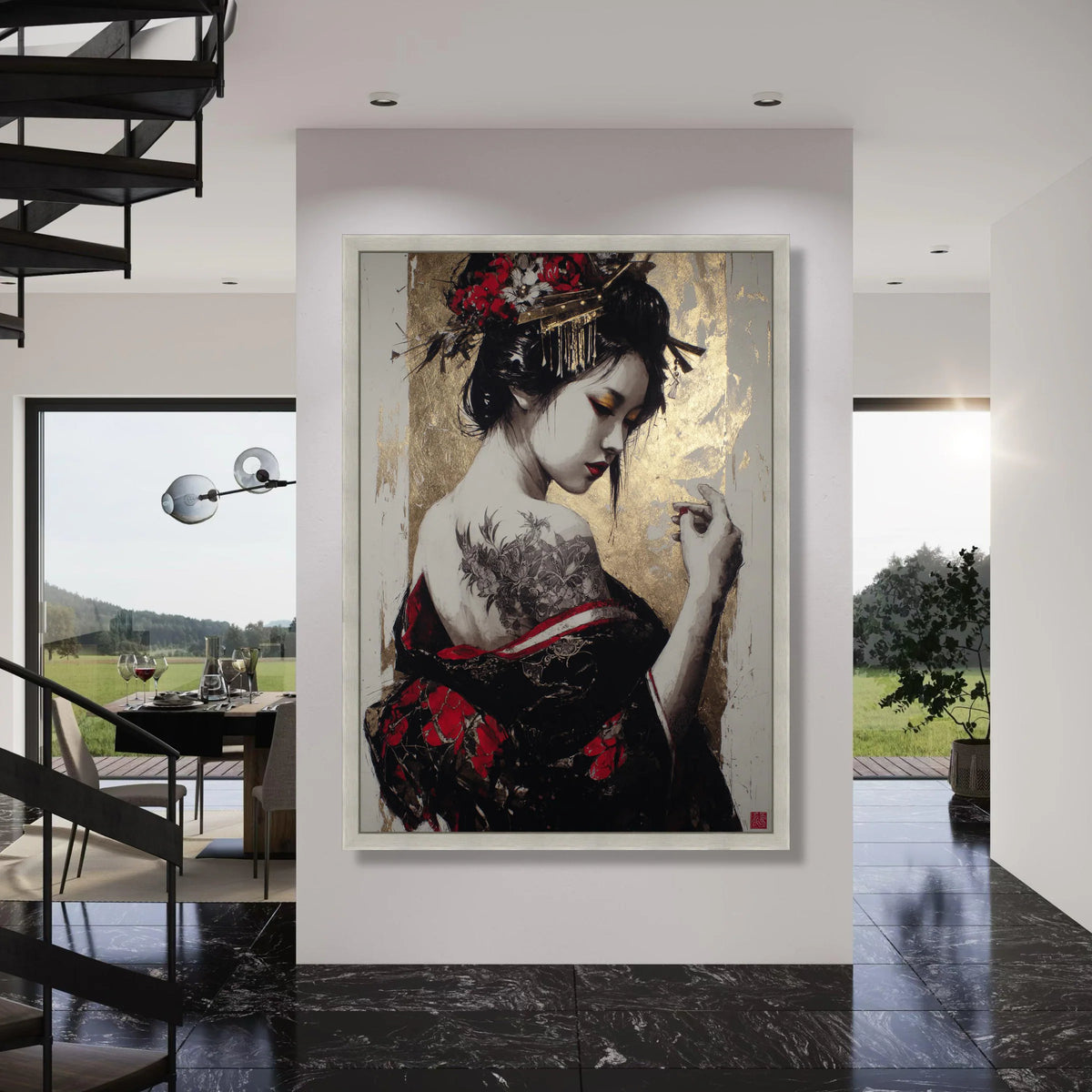 Elegant Geisha Woman Canvas, Japanese Art Print, Floral Tattoo Design, Gold Background Wall Art, Oriental Home Decoration Print Art