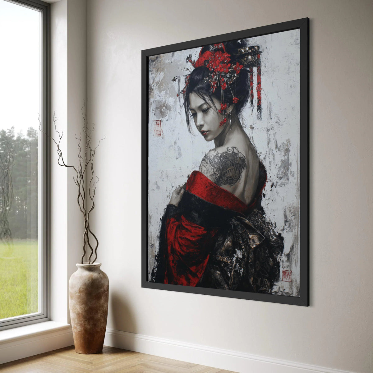Elegant Geisha Portrait Canvas, Red Kimono Wall Art, Japanese Woman Canvas, Floral Hairpiece Decor, Tattooed Back Artwork Print Art