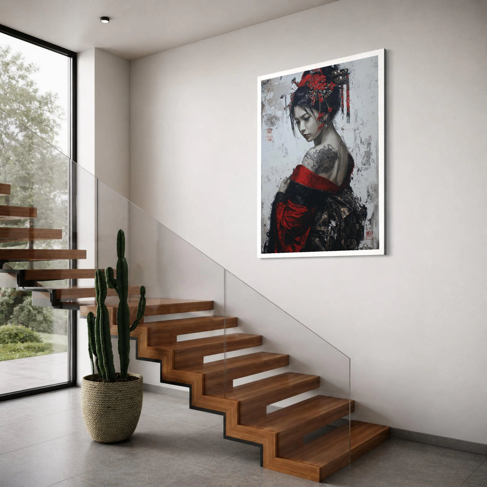 Elegant Geisha Portrait Canvas, Red Kimono Wall Art, Japanese Woman Canvas, Floral Hairpiece Decor, Tattooed Back Artwork Print Art