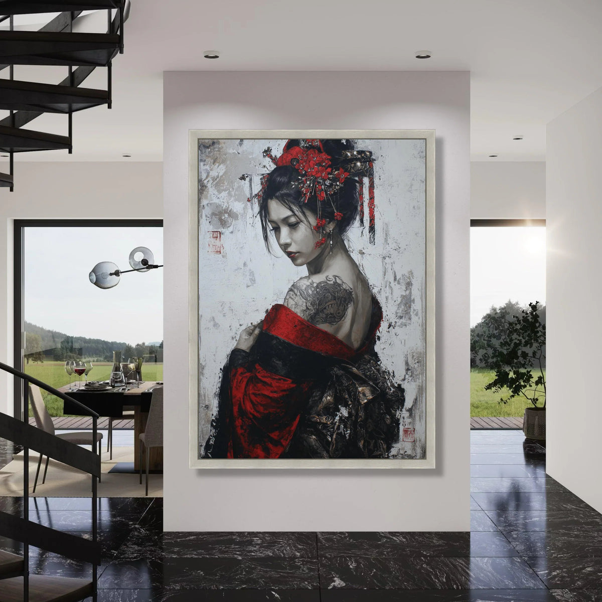 Elegant Geisha Portrait Canvas, Red Kimono Wall Art, Japanese Woman Canvas, Floral Hairpiece Decor, Tattooed Back Artwork Print Art