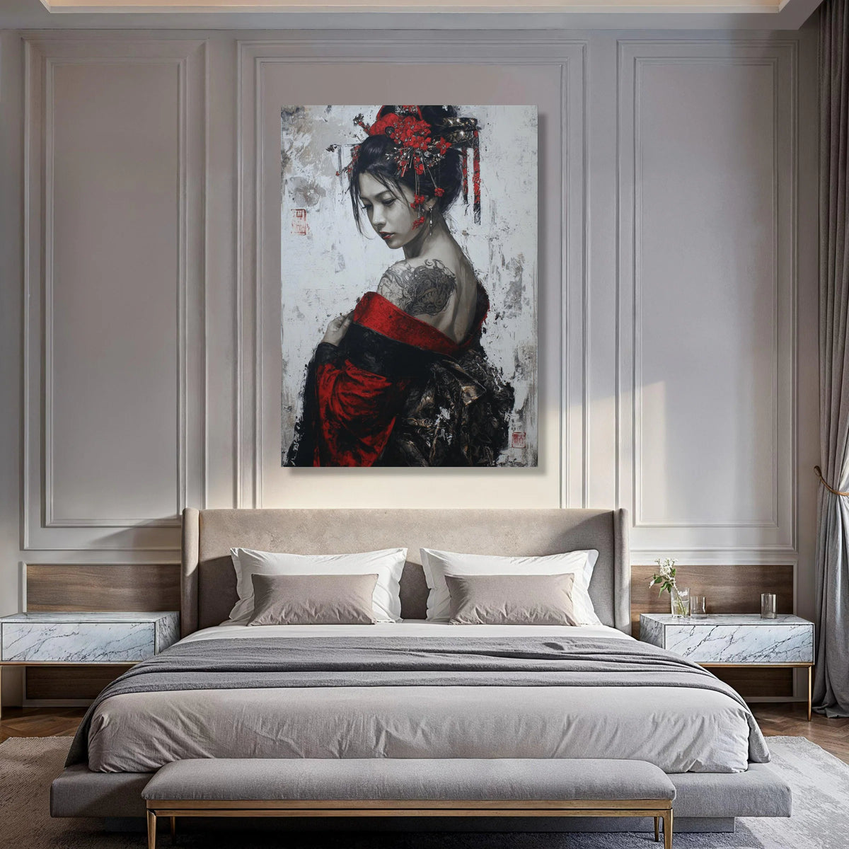 Elegant Geisha Portrait Canvas, Red Kimono Wall Art, Japanese Woman Canvas, Floral Hairpiece Decor, Tattooed Back Artwork Print Art