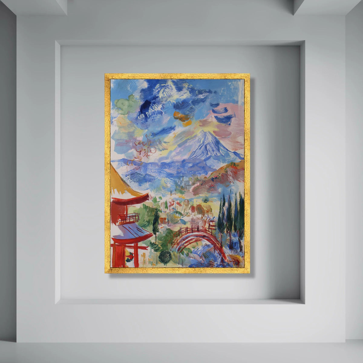 Japanese Landscape Canvas Wall Art, Traditional Pagoda and Red Bridge, Serene Mountain Scenery, Colorful Nature Scene Decor, Ready Print Art