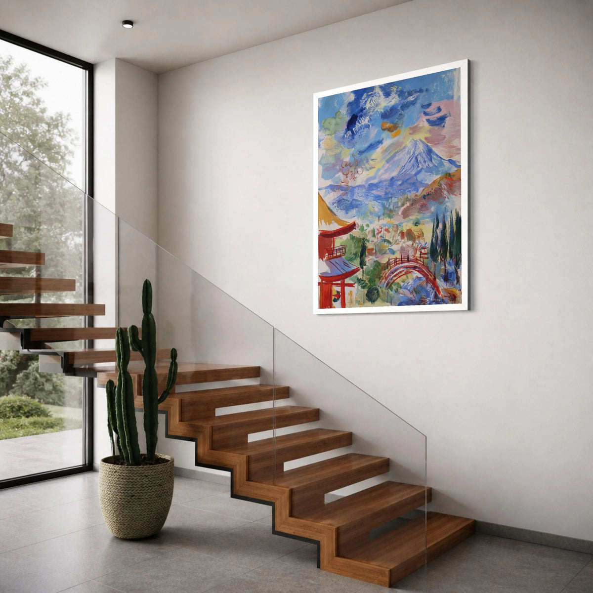 Japanese Landscape Canvas Wall Art, Traditional Pagoda and Red Bridge, Serene Mountain Scenery, Colorful Nature Scene Decor, Ready Print Art