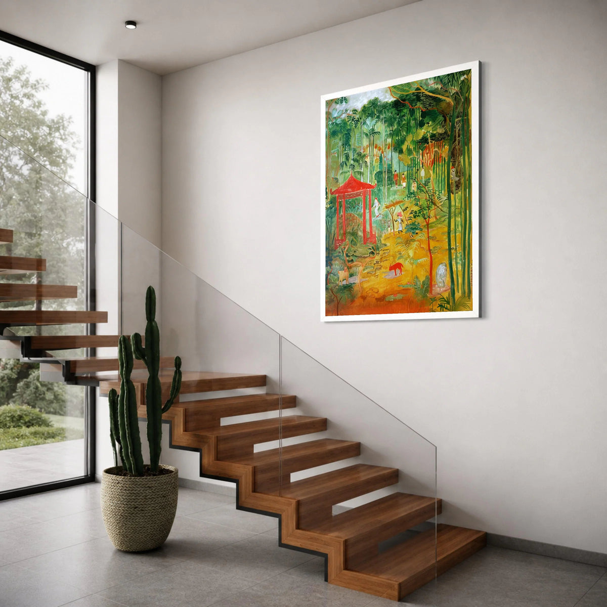 Lush Tropical Garden Scene Canvas, Asian Red Pavilion Wall Art, Exotic Nature Landscape, Bamboo Forest Decoration, Vibrant Jungle Print Art