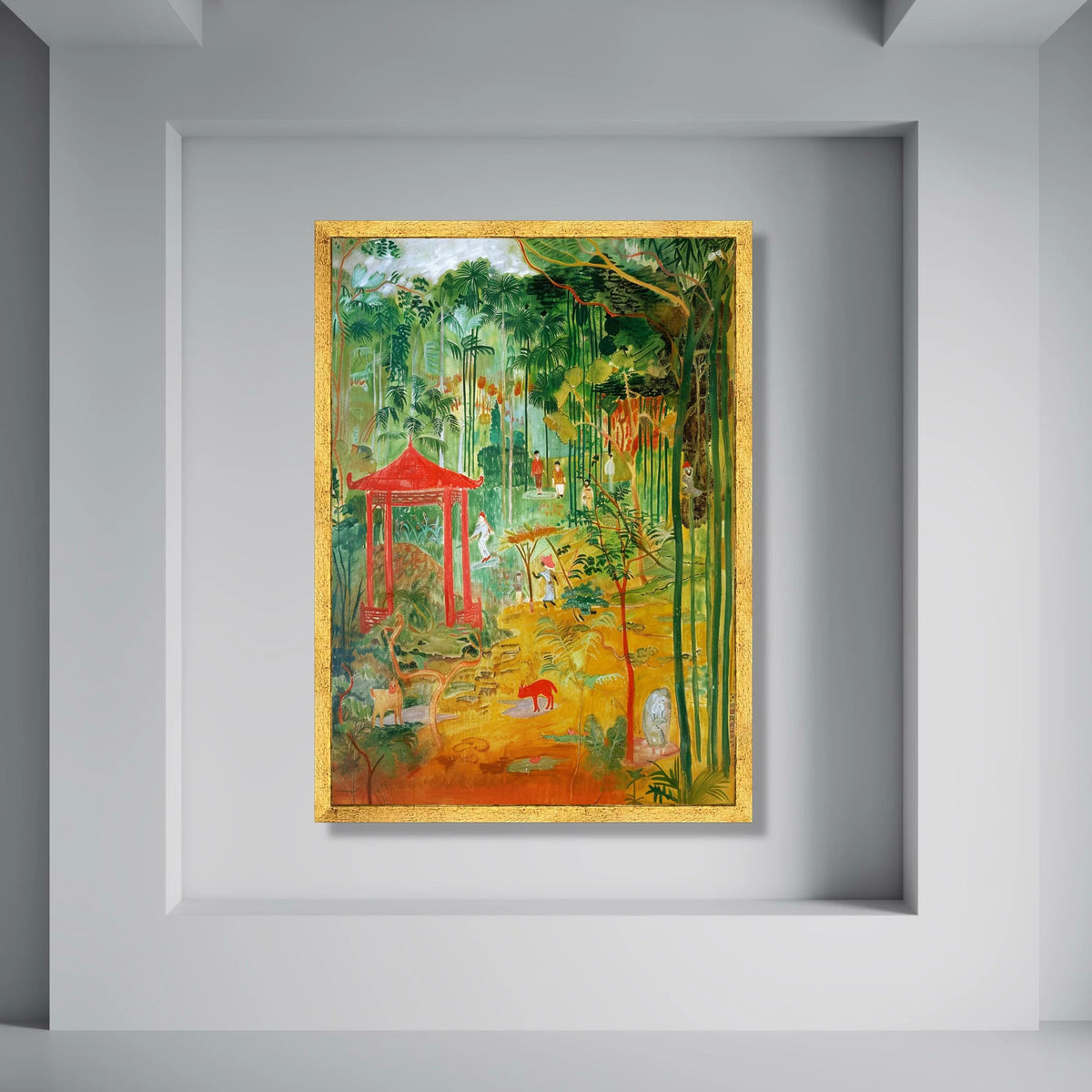 Lush Tropical Garden Scene Canvas, Asian Red Pavilion Wall Art, Exotic Nature Landscape, Bamboo Forest Decoration, Vibrant Jungle Print Art