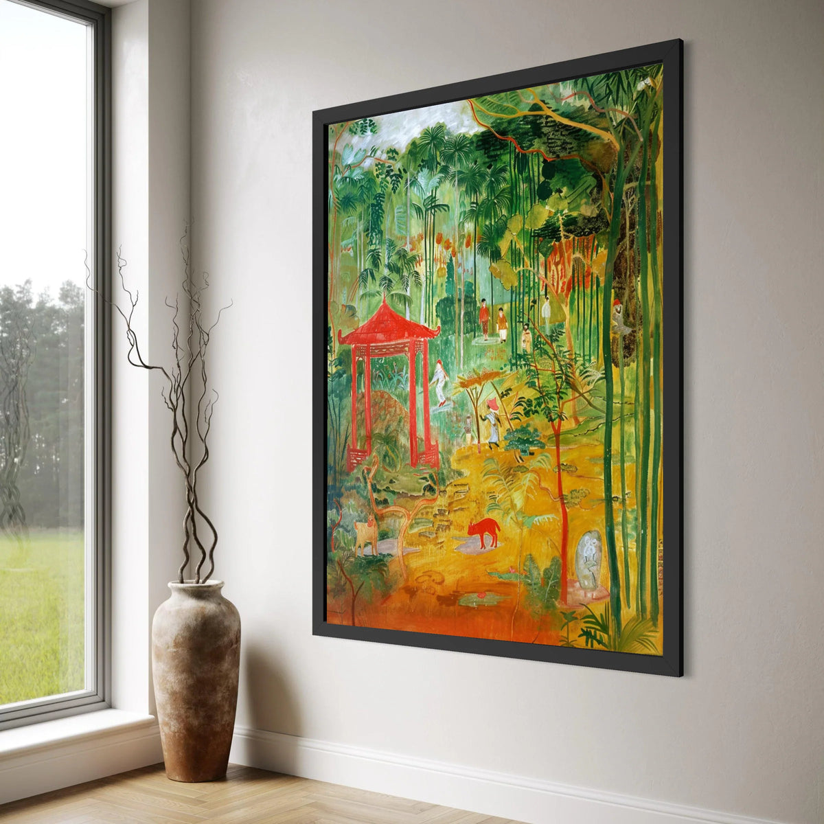 Lush Tropical Garden Scene Canvas, Asian Red Pavilion Wall Art, Exotic Nature Landscape, Bamboo Forest Decoration, Vibrant Jungle Print Art