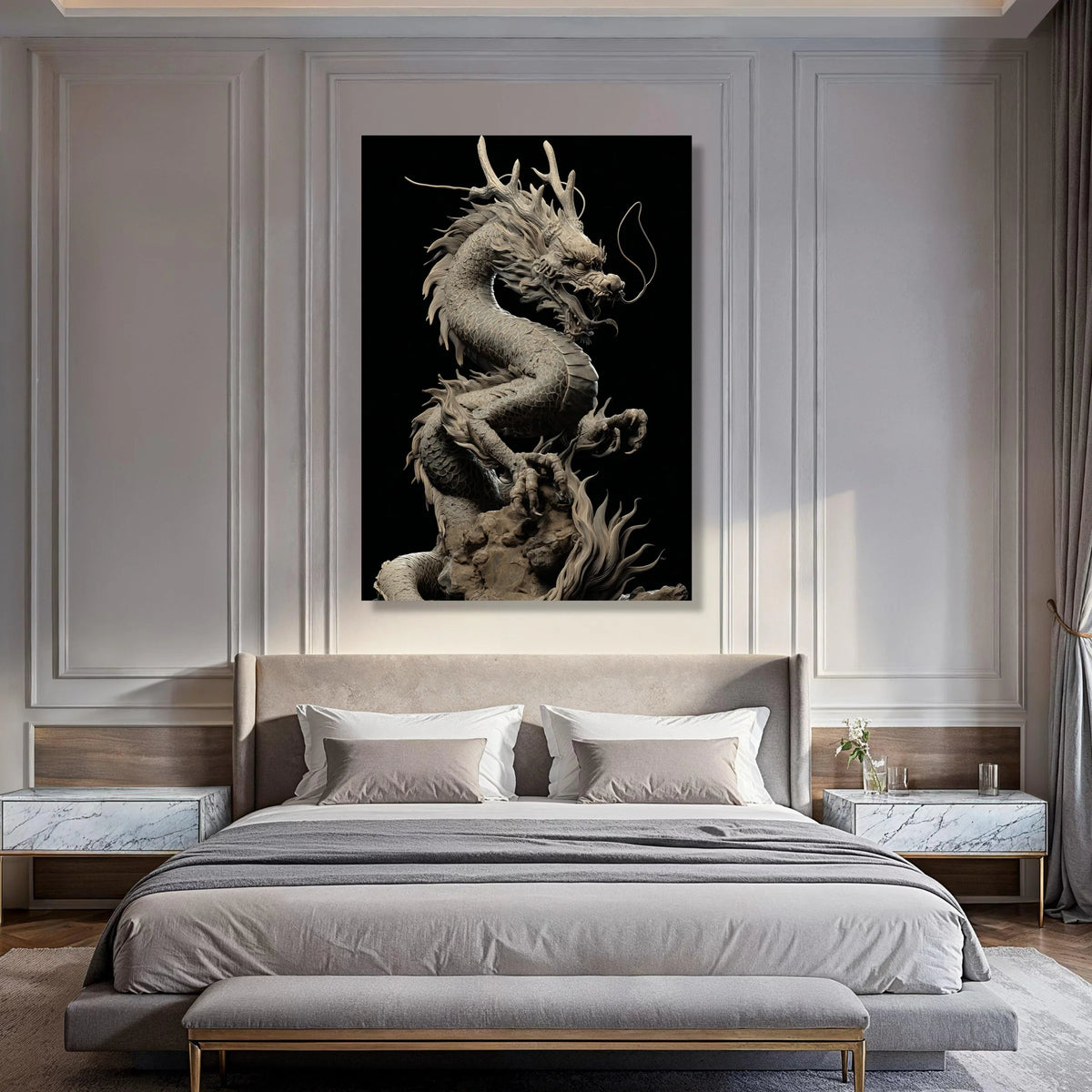 Majestic Eastern Dragon Canvas Wall Art, Mythical Creature Sculpture Print, Oriental Fantasy Art, Asian Dragon Home Decor, Print Art