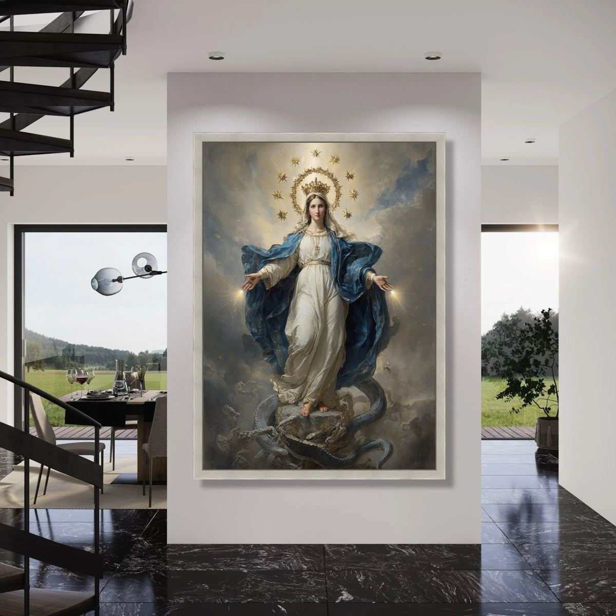 Divine Queen of Heaven Canvas, Virgin Mary Religious Art, Spiritual Wall Decoration, Illuminated Catholic Canvas, Sacred Female Print Art