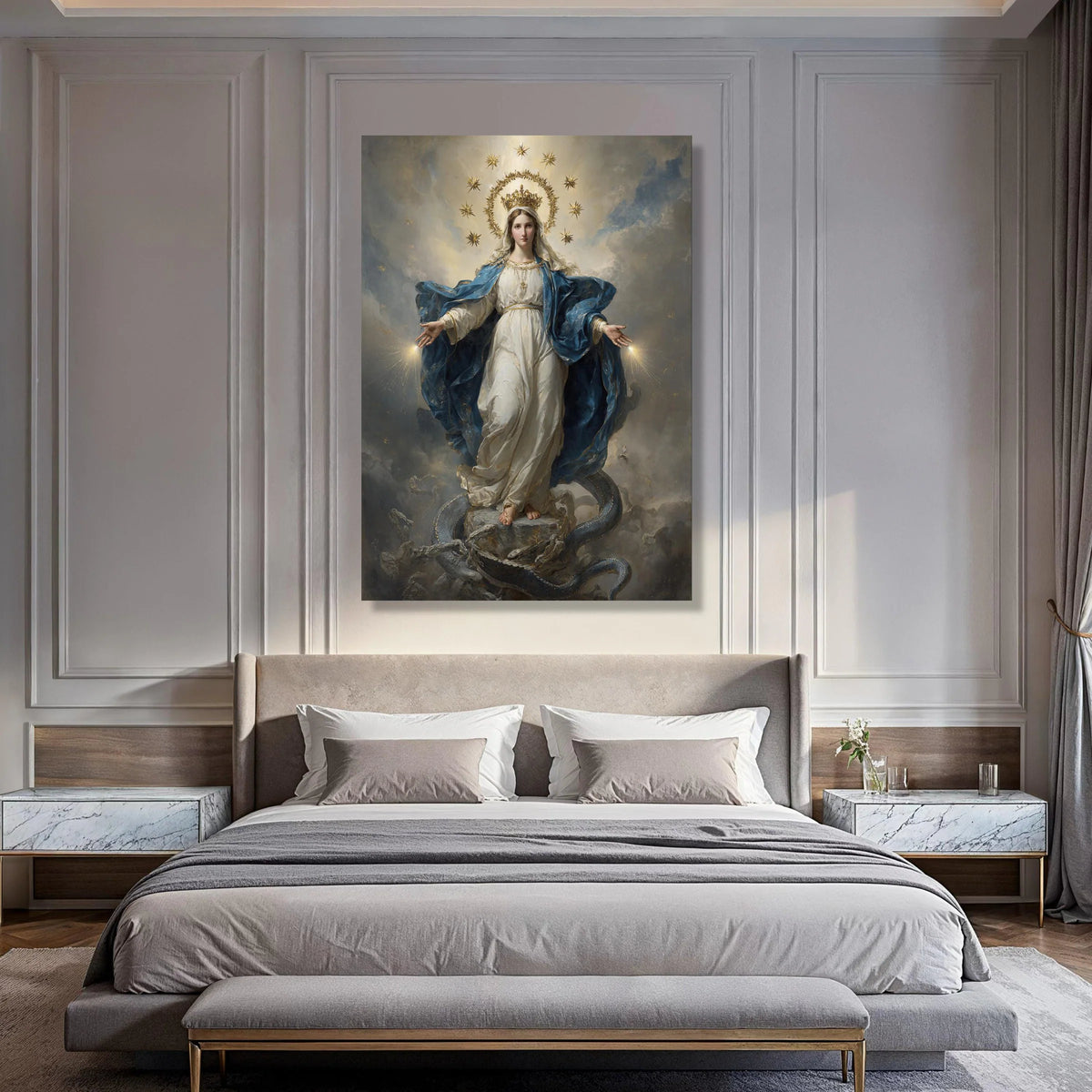 Divine Queen of Heaven Canvas, Virgin Mary Religious Art, Spiritual Wall Decoration, Illuminated Catholic Canvas, Sacred Female Print Art