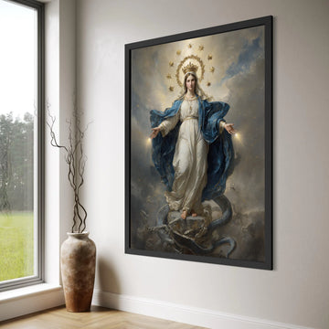 Divine Queen of Heaven Canvas, Virgin Mary Religious Art, Spiritual Wall Decoration, Illuminated Catholic Canvas, Sacred Female Print Art