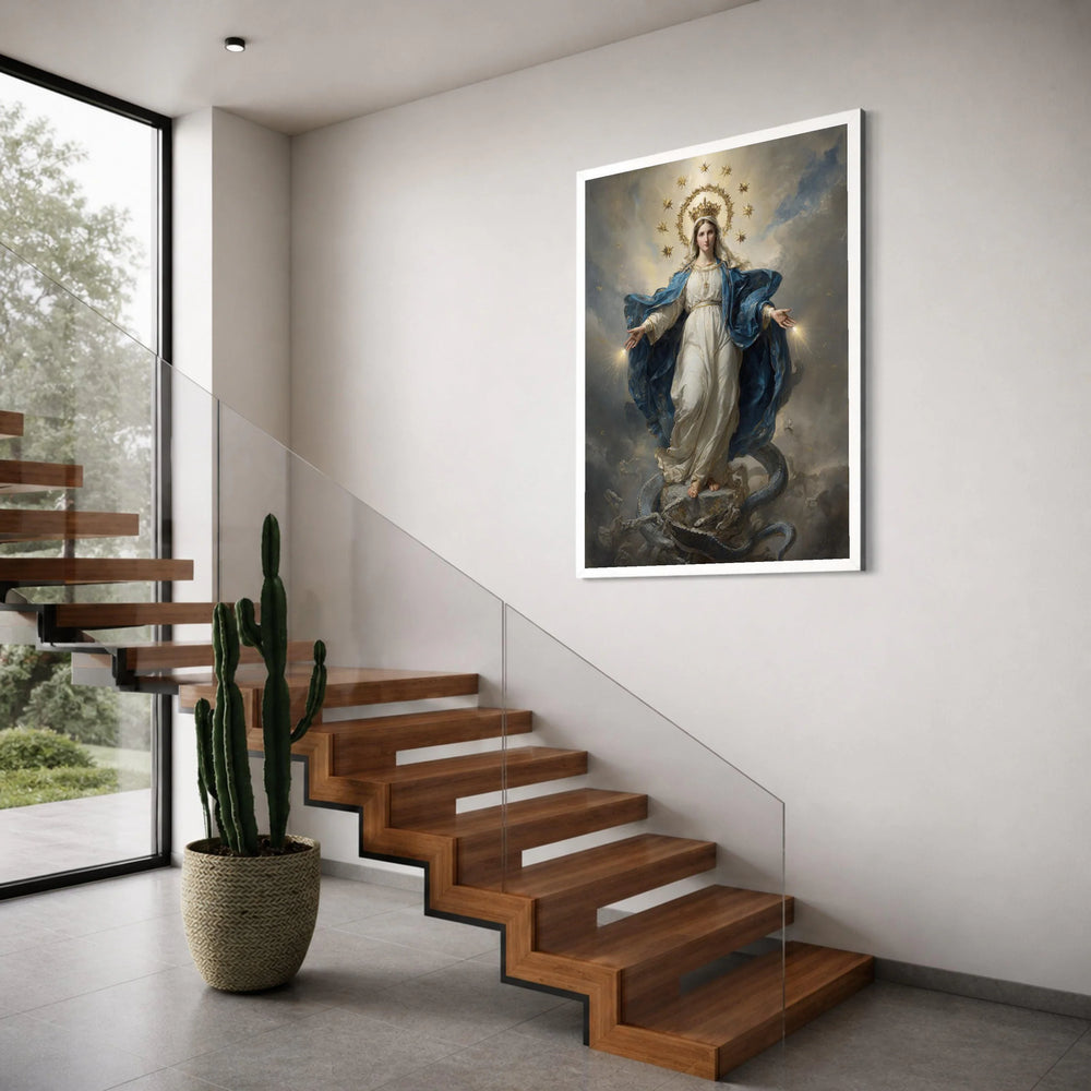 Divine Queen of Heaven Canvas, Virgin Mary Religious Art, Spiritual Wall Decoration, Illuminated Catholic Canvas, Sacred Female Print Art