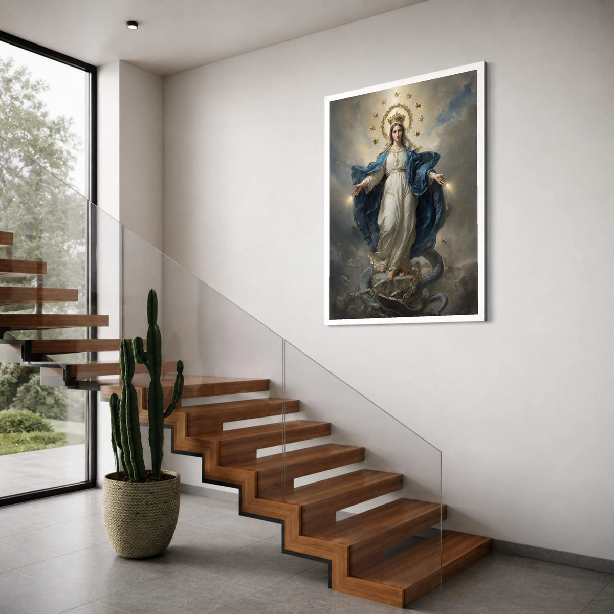 Divine Queen of Heaven Canvas, Virgin Mary Religious Art, Spiritual Wall Decoration, Illuminated Catholic Canvas, Sacred Female Print Art
