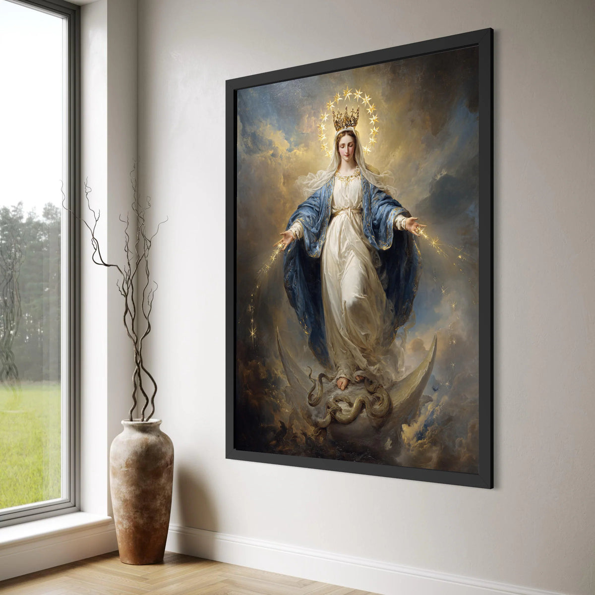 Virgin Mary with Crown and Stars Canvas, Religious Wall Art, Spiritual Catholic Decor, Angelic Female Figure Painting, Print Art