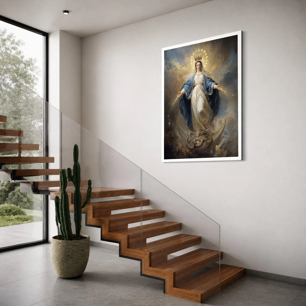 Virgin Mary with Crown and Stars Canvas, Religious Wall Art, Spiritual Catholic Decor, Angelic Female Figure Painting, Print Art