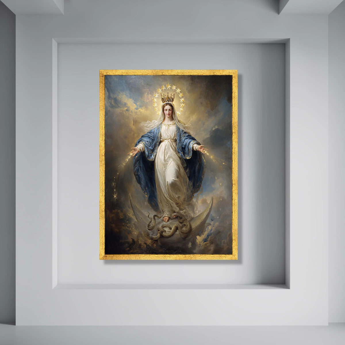 Virgin Mary with Crown and Stars Canvas, Religious Wall Art, Spiritual Catholic Decor, Angelic Female Figure Painting, Print Art