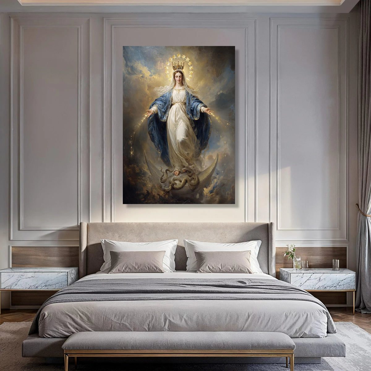 Virgin Mary with Crown and Stars Canvas, Religious Wall Art, Spiritual Catholic Decor, Angelic Female Figure Painting, Print Art