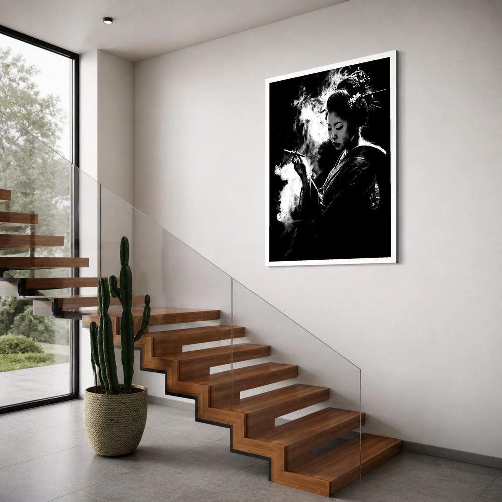 Elegant Geisha Silhouette Canvas, Black and White Asian Woman Art, Smoke Effect Wall Decor, Oriental Beauty Portrait Canvas Print Art