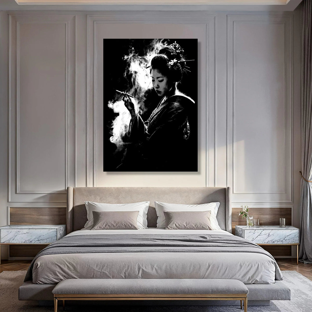 Elegant Geisha Silhouette Canvas, Black and White Asian Woman Art, Smoke Effect Wall Decor, Oriental Beauty Portrait Canvas Print Art