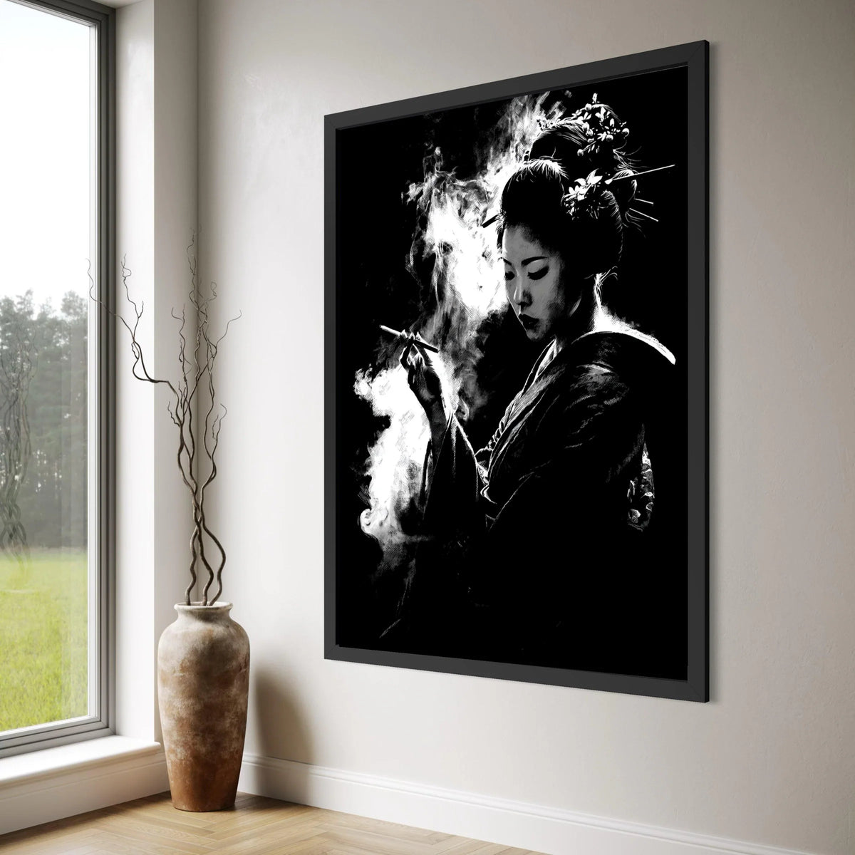 Elegant Geisha Silhouette Canvas, Black and White Asian Woman Art, Smoke Effect Wall Decor, Oriental Beauty Portrait Canvas Print Art