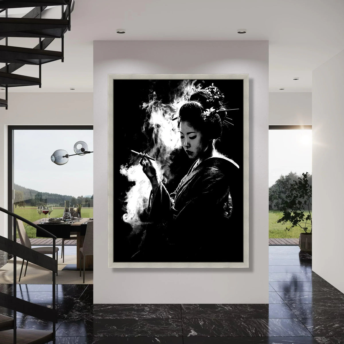 Elegant Geisha Silhouette Canvas, Black and White Asian Woman Art, Smoke Effect Wall Decor, Oriental Beauty Portrait Canvas Print Art