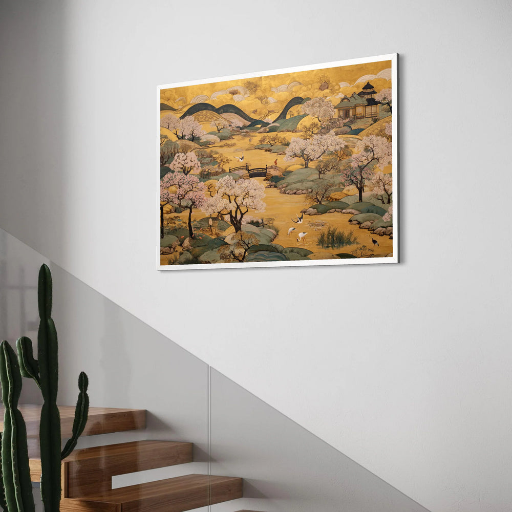 Tranquil Japanese Garden Canvas, Cherry Blossom Trees Wall Art, Serene River Landscape Canvas, Traditional Asian Scenery Print Art