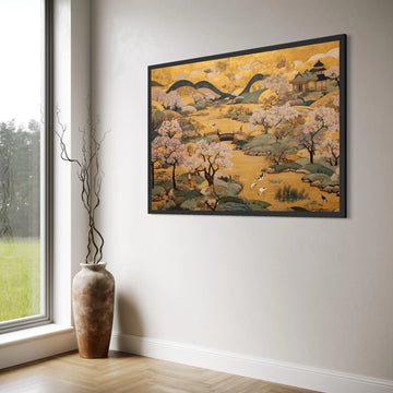 Tranquil Japanese Garden Canvas, Cherry Blossom Trees Wall Art, Serene River Landscape Canvas, Traditional Asian Scenery Print Art