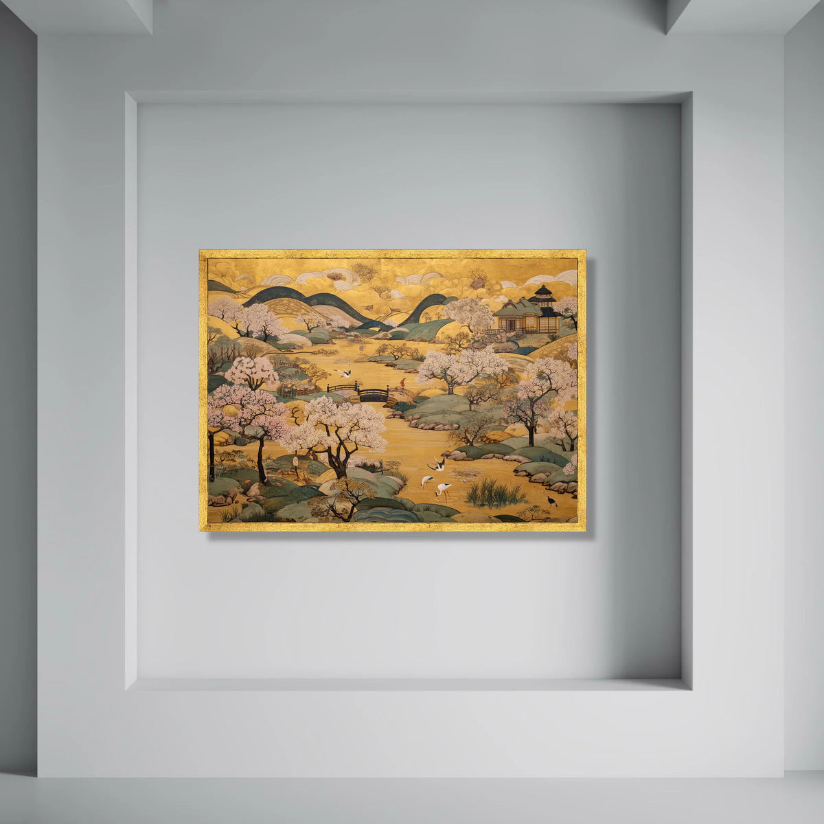 Tranquil Japanese Garden Canvas, Cherry Blossom Trees Wall Art, Serene River Landscape Canvas, Traditional Asian Scenery Print Art