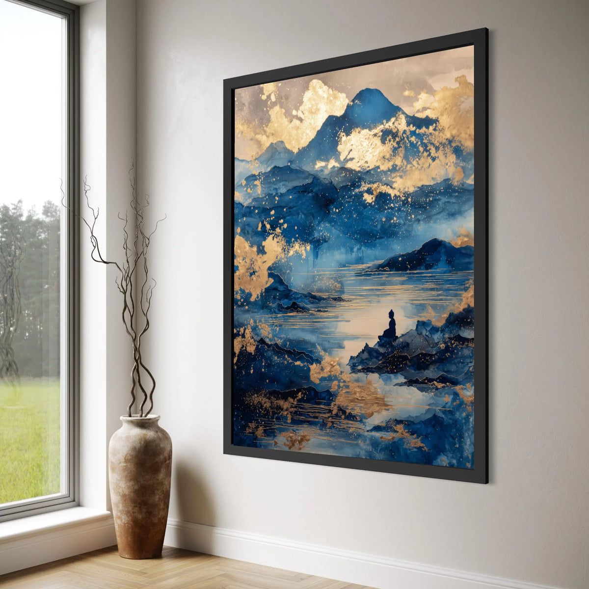 Tranquil Blue Mountain Landscape, Meditative Buddha Canvas, Golden Abstract Lake Scene, Spiritual Wall Art, Zen Home Decor Print Art