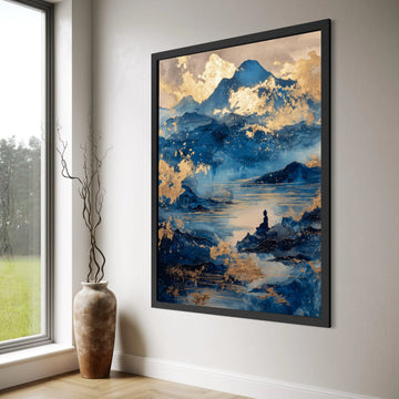 Tranquil Blue Mountain Landscape, Meditative Buddha Canvas, Golden Abstract Lake Scene, Spiritual Wall Art, Zen Home Decor Print Art