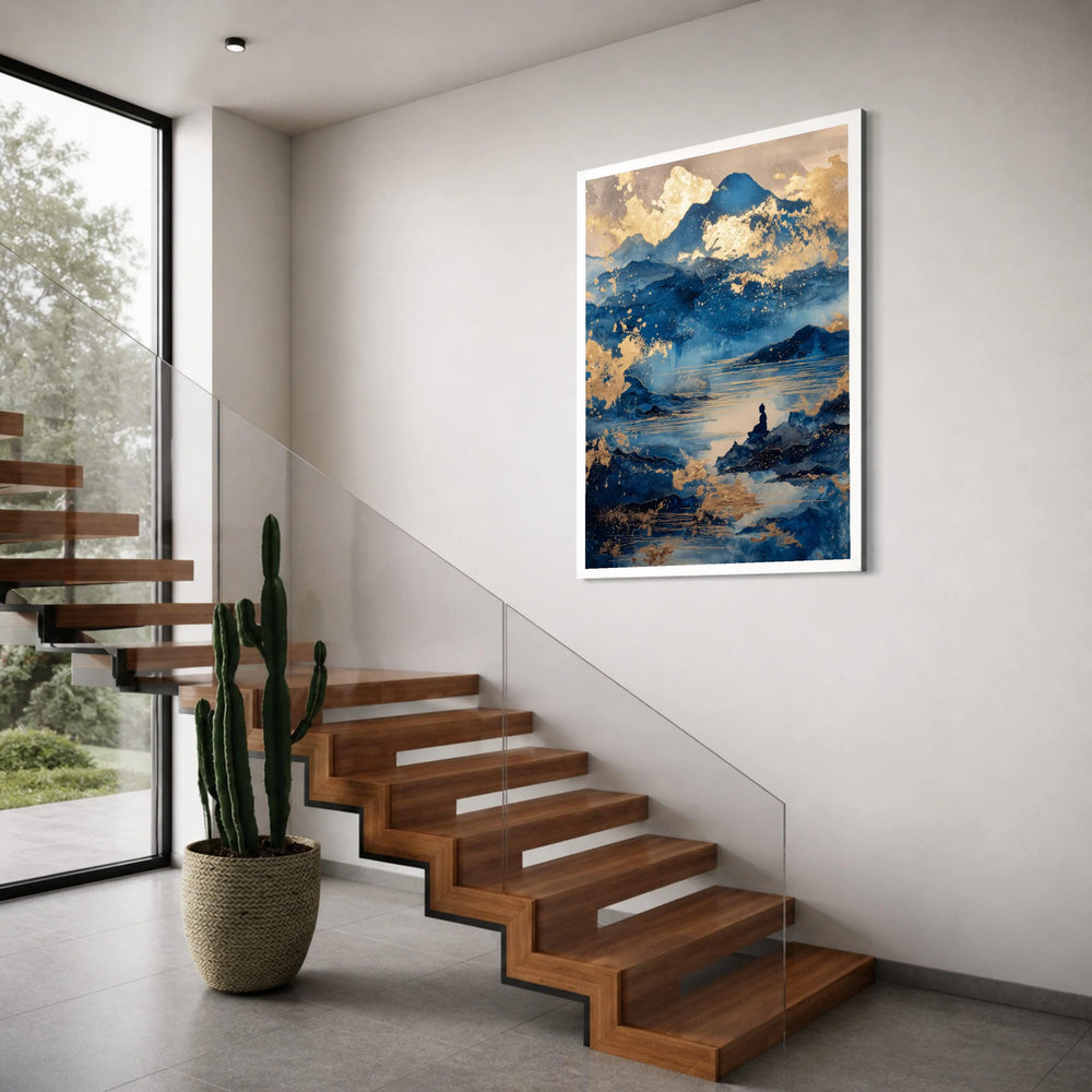 Tranquil Blue Mountain Landscape, Meditative Buddha Canvas, Golden Abstract Lake Scene, Spiritual Wall Art, Zen Home Decor Print Art