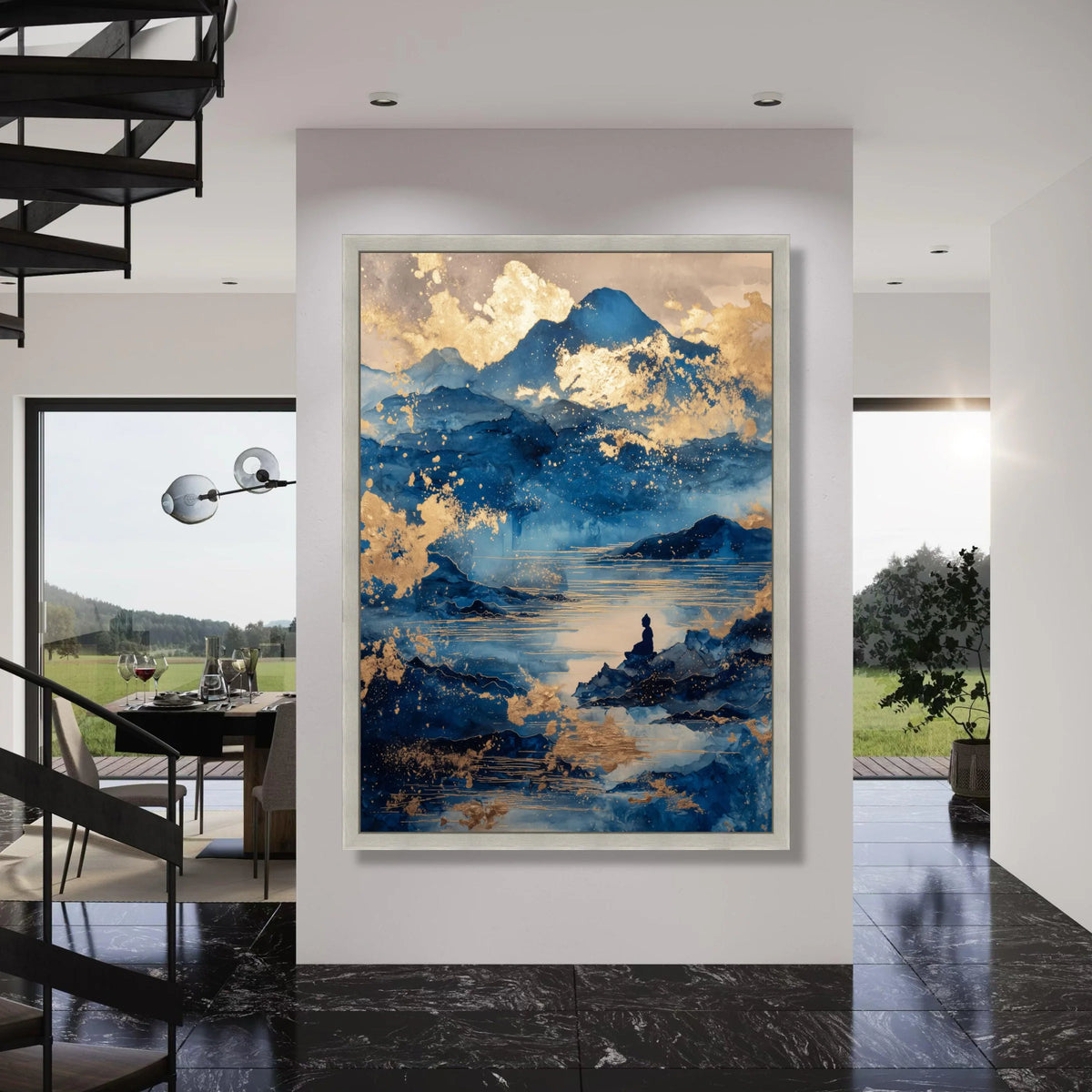 Tranquil Blue Mountain Landscape, Meditative Buddha Canvas, Golden Abstract Lake Scene, Spiritual Wall Art, Zen Home Decor Print Art