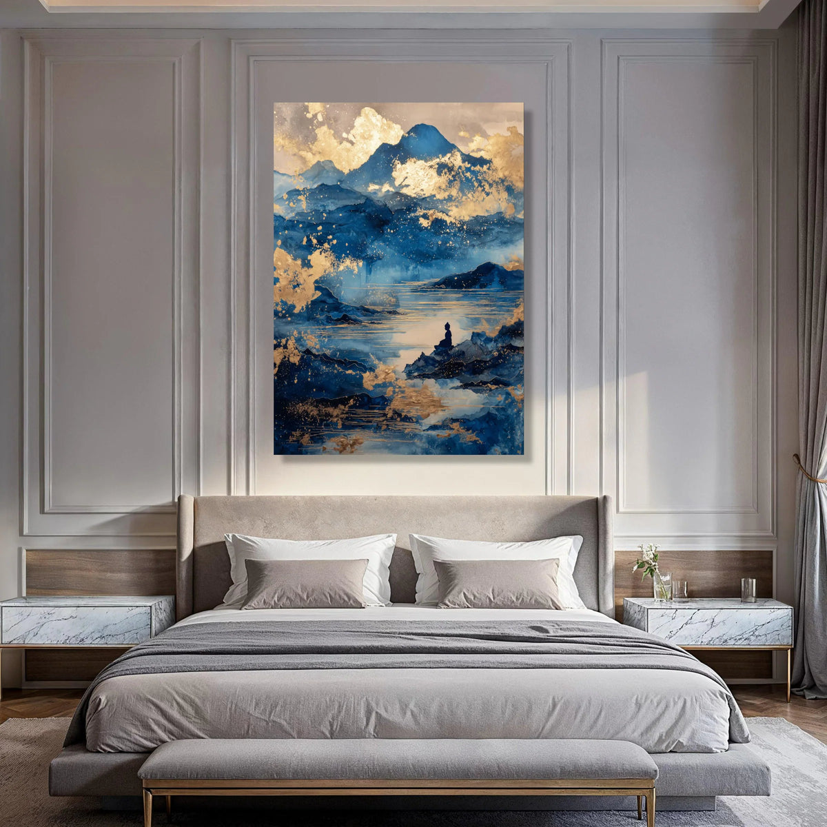 Tranquil Blue Mountain Landscape, Meditative Buddha Canvas, Golden Abstract Lake Scene, Spiritual Wall Art, Zen Home Decor Print Art