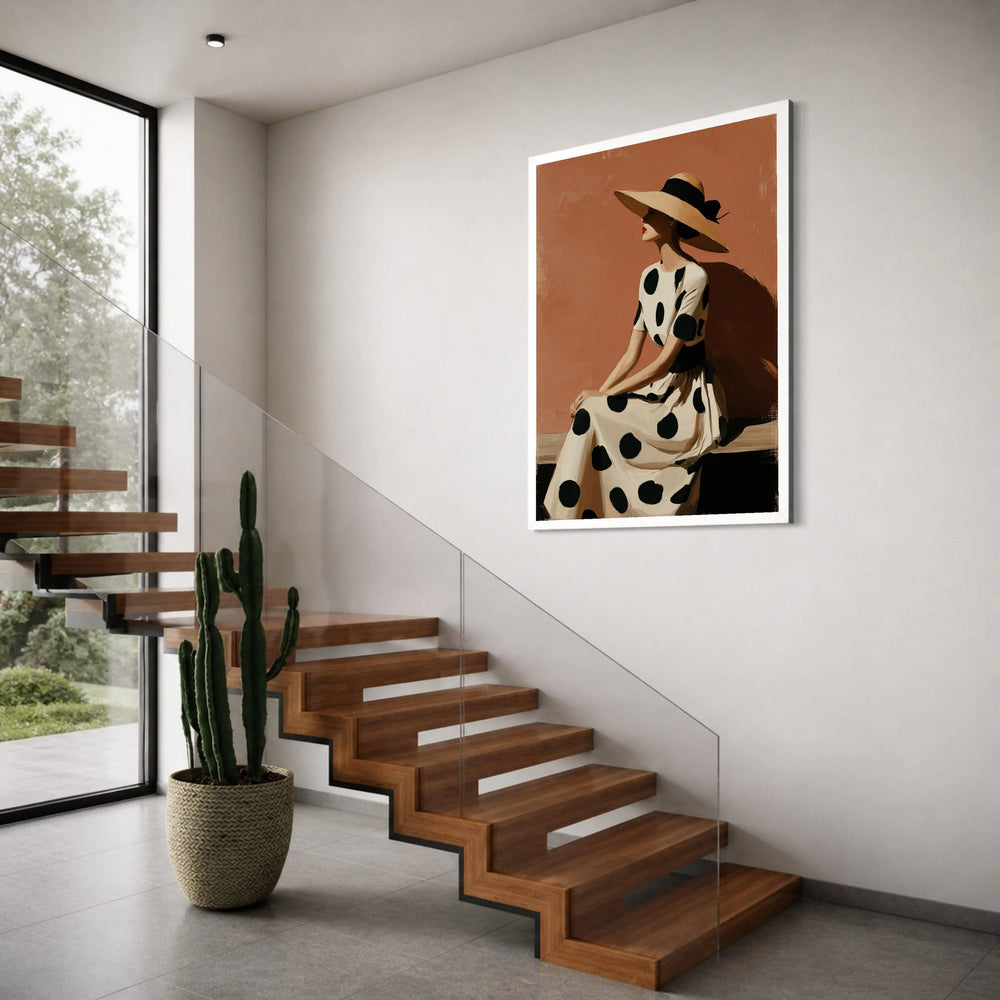 Elegant Woman Polka Dot Dress, Vintage Style Canvas, Wide Brim Hat Wall Art, Fashion Portrait Canvas, Chic Home Decoration Print Art