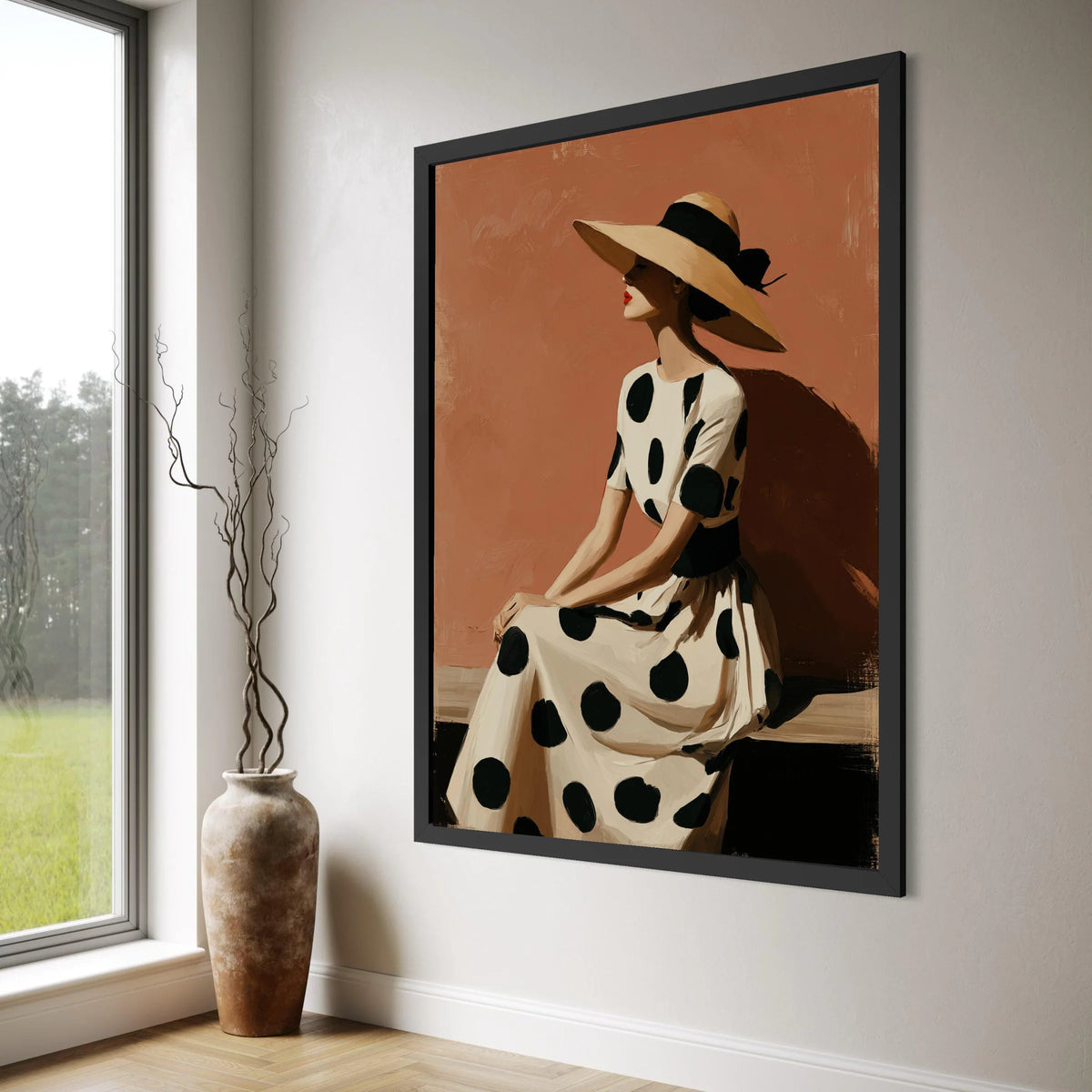 Elegant Woman Polka Dot Dress, Vintage Style Canvas, Wide Brim Hat Wall Art, Fashion Portrait Canvas, Chic Home Decoration Print Art