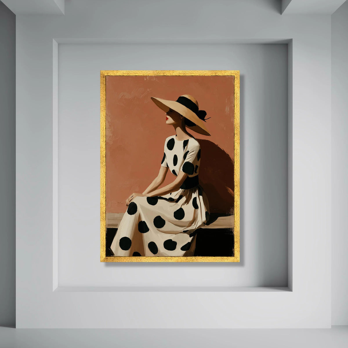 Elegant Woman Polka Dot Dress, Vintage Style Canvas, Wide Brim Hat Wall Art, Fashion Portrait Canvas, Chic Home Decoration Print Art