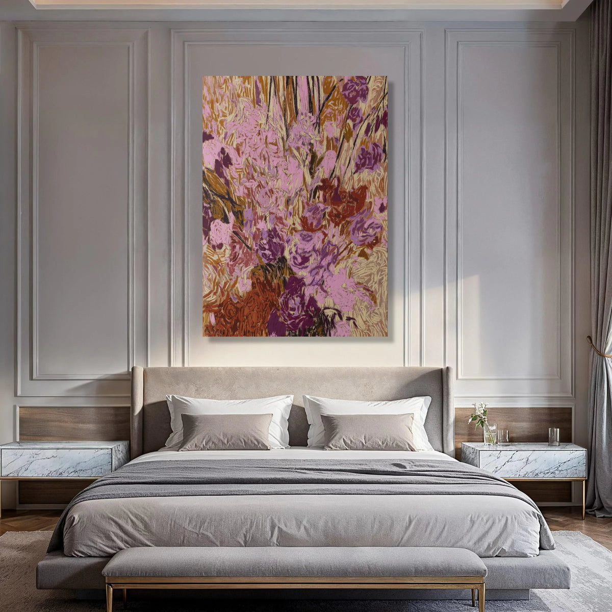 Abstract Floral Canvas Wall Art, Pink and Purple Bouquet Design, Modern Nature Canvas, Colorful Flower Painting, Home Decor Canvas Print Art