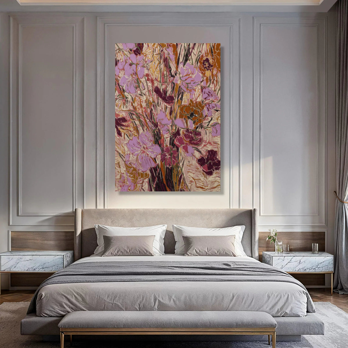 Abstract Floral Bouquet Canvas Wall Art, Pink and Rust Flower Painting, Modern Botanical Decor, Artistic Home Wall Design Print Art