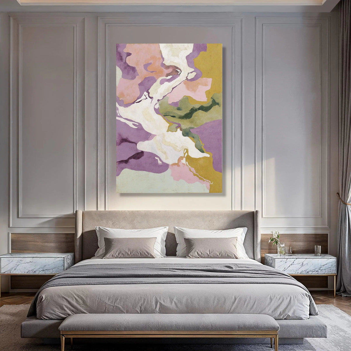 Soft Abstract Flow, Pastel Purple and Green Canvas, Modern Wall Art, Contemporary Home Decoration, Organic Shapes Painting Print Art