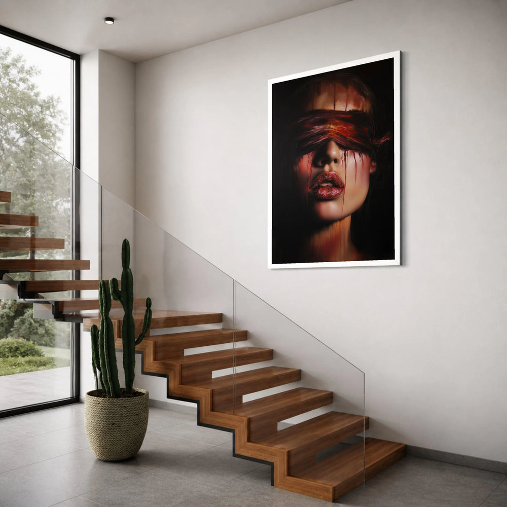 Dark Surreal Portrait Canvas, Woman with Red Blindfold, Dramatic Face Close-up, Moody Wall Art, Contemporary Home Decoration Print Art