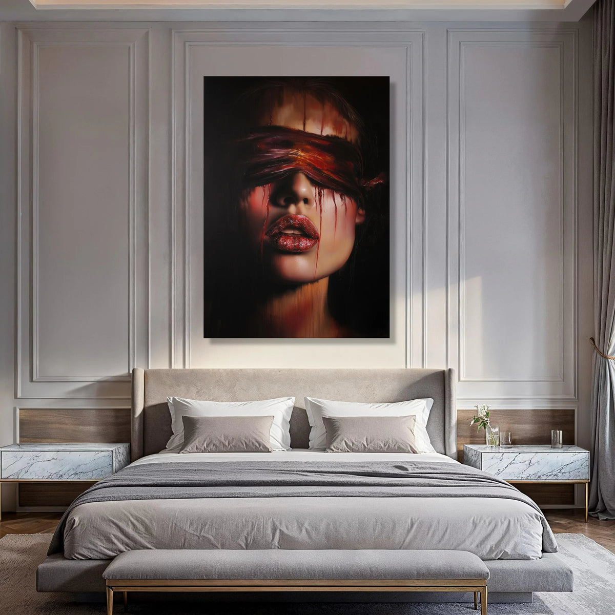 Dark Surreal Portrait Canvas, Woman with Red Blindfold, Dramatic Face Close-up, Moody Wall Art, Contemporary Home Decoration Print Art
